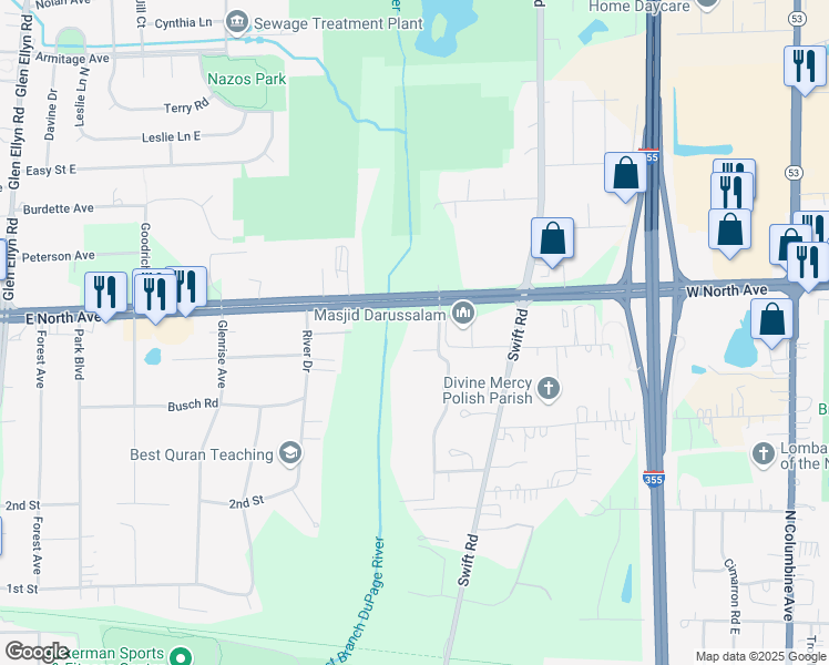 map of restaurants, bars, coffee shops, grocery stores, and more near 21W581 North Avenue in Lombard