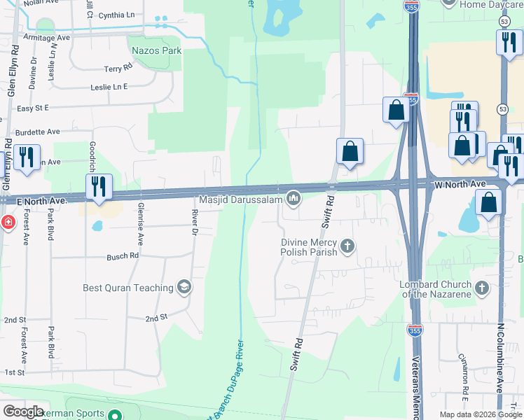 map of restaurants, bars, coffee shops, grocery stores, and more near 21W581 North Avenue in Lombard
