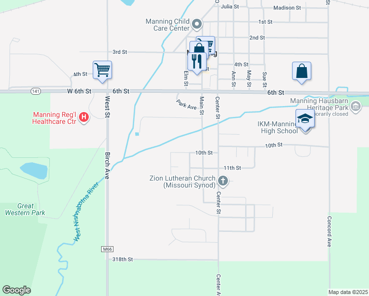map of restaurants, bars, coffee shops, grocery stores, and more near 830 10th Street in Manning