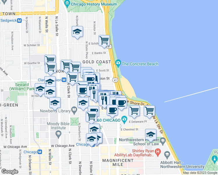 map of restaurants, bars, coffee shops, grocery stores, and more near 70 East Cedar Street in Chicago