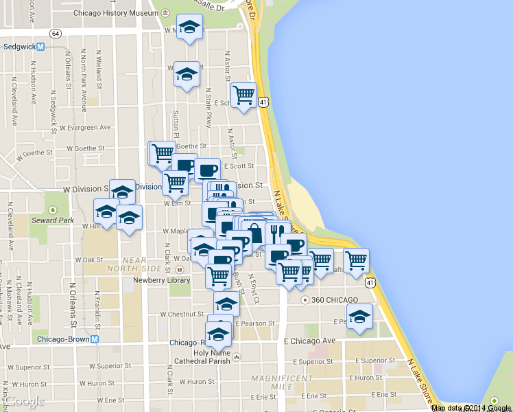 map of restaurants, bars, coffee shops, grocery stores, and more near 70 East Cedar Street in Chicago