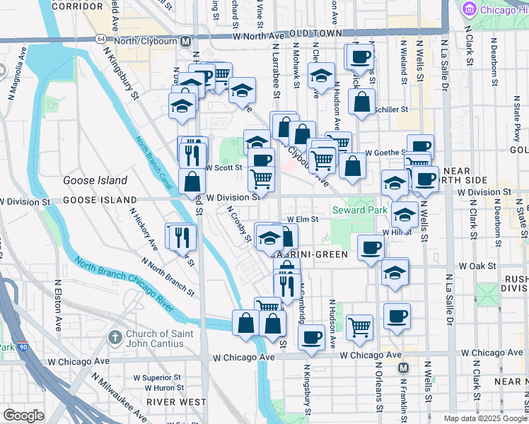 map of restaurants, bars, coffee shops, grocery stores, and more near 1134 North Larrabee Street in Chicago