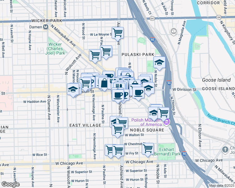 map of restaurants, bars, coffee shops, grocery stores, and more near in Chicago