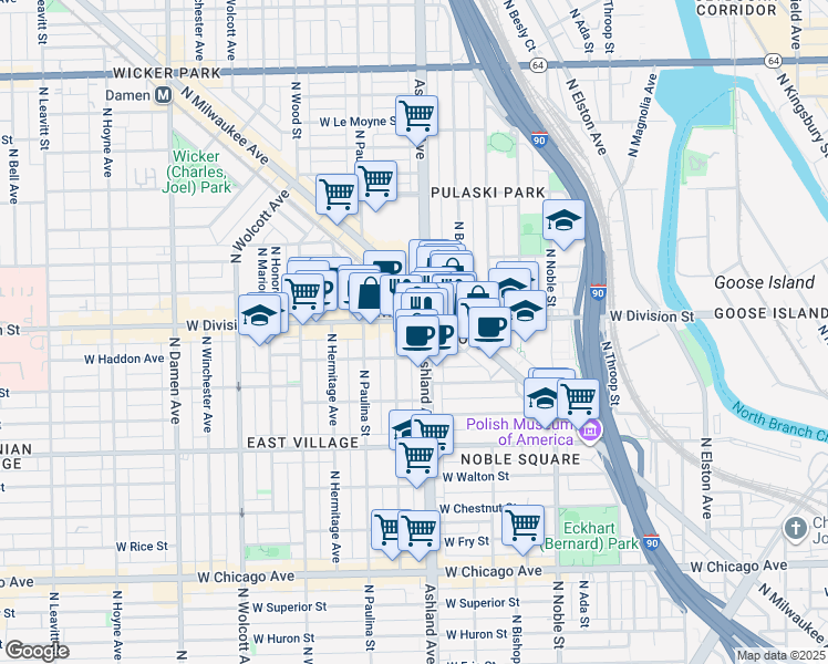 map of restaurants, bars, coffee shops, grocery stores, and more near in Chicago