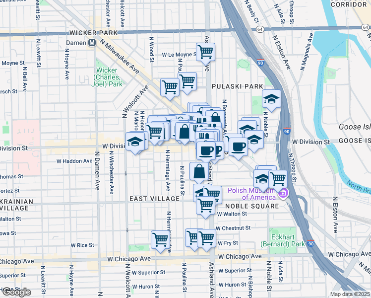 map of restaurants, bars, coffee shops, grocery stores, and more near 1104 North Marshfield Avenue in Chicago