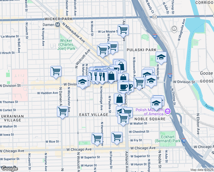 map of restaurants, bars, coffee shops, grocery stores, and more near 1712 West Haddon Avenue in Chicago