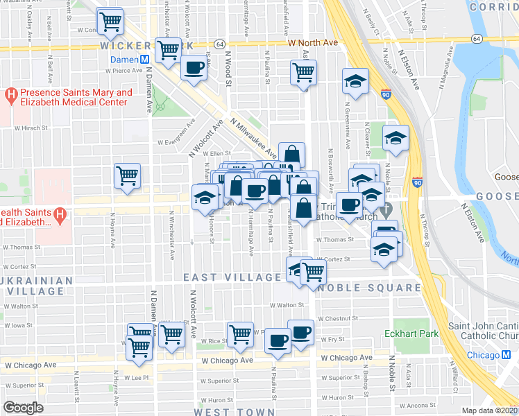 map of restaurants, bars, coffee shops, grocery stores, and more near 1712 West Haddon Avenue in Chicago