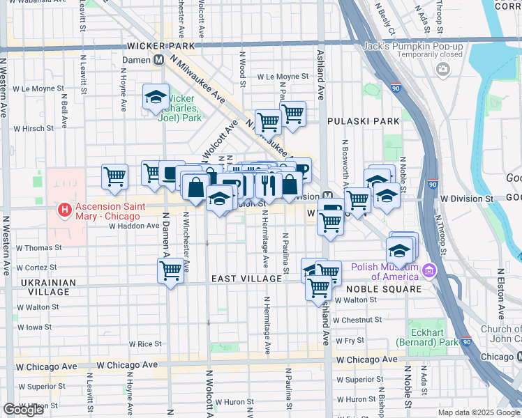 map of restaurants, bars, coffee shops, grocery stores, and more near 1133 North Wood Street in Chicago