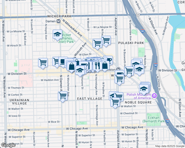 map of restaurants, bars, coffee shops, grocery stores, and more near 1133 North Wood Street in Chicago