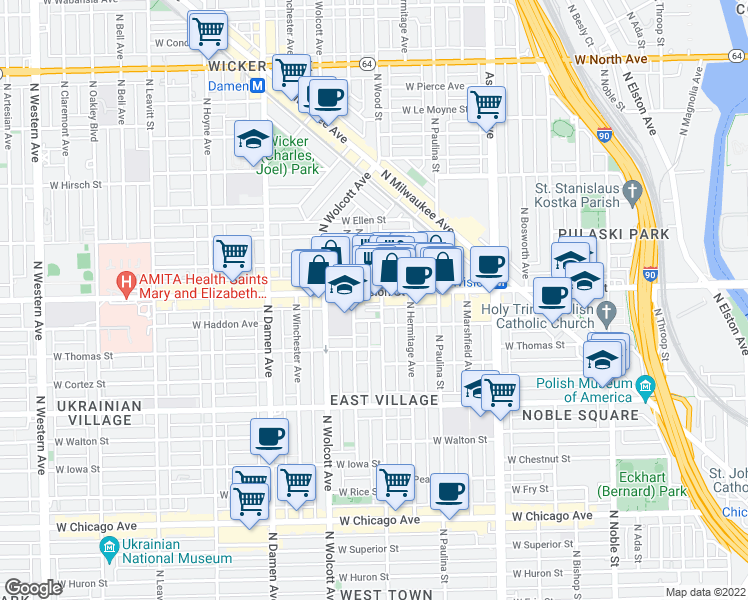 map of restaurants, bars, coffee shops, grocery stores, and more near 1133 North Wood Street in Chicago