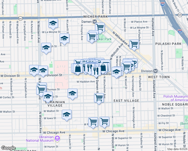 map of restaurants, bars, coffee shops, grocery stores, and more near in Chicago