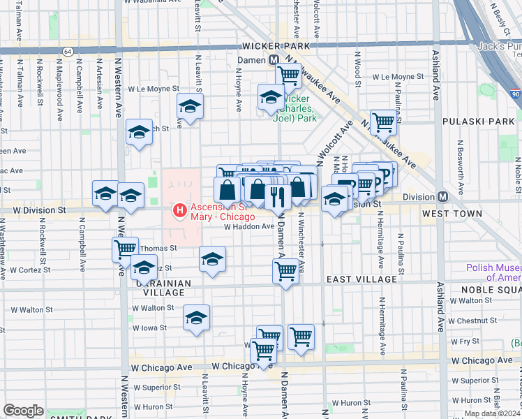 map of restaurants, bars, coffee shops, grocery stores, and more near in Chicago