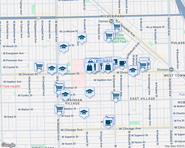map of restaurants, bars, coffee shops, grocery stores, and more near 2132 West Haddon Avenue in Chicago