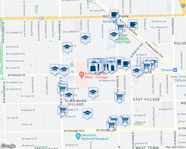 map of restaurants, bars, coffee shops, grocery stores, and more near 2132 West Haddon Avenue in Chicago