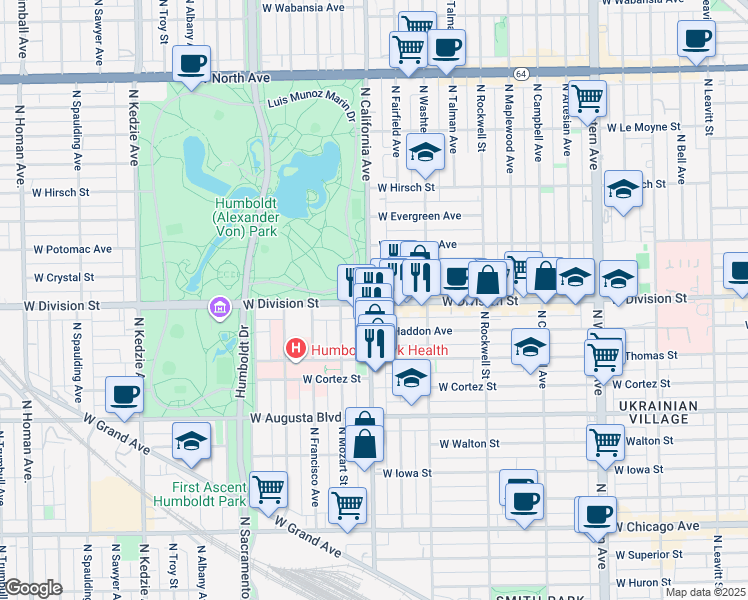 map of restaurants, bars, coffee shops, grocery stores, and more near 2743 West Division Street in Chicago
