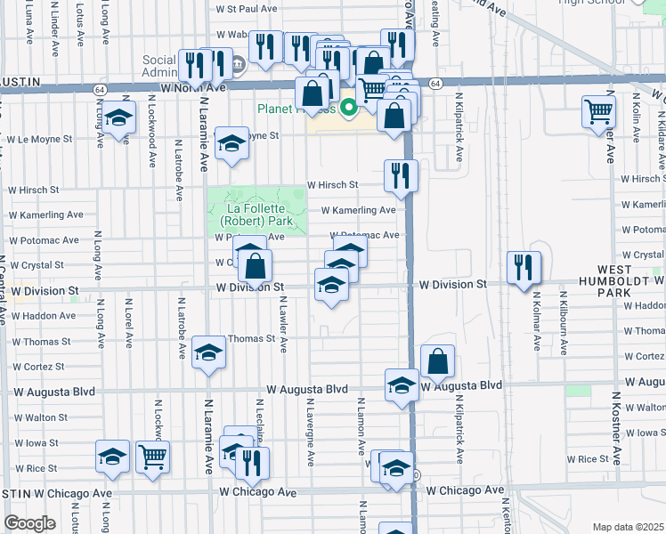 map of restaurants, bars, coffee shops, grocery stores, and more near 4936 West Division Street in Chicago