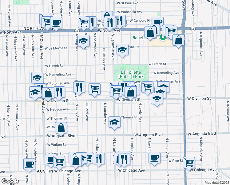 map of restaurants, bars, coffee shops, grocery stores, and more near 1206 North Laramie Avenue in Chicago