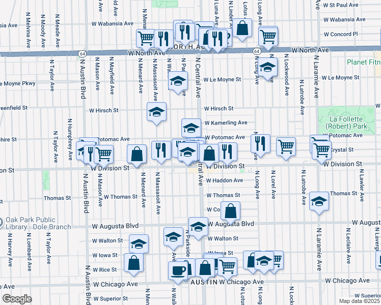 map of restaurants, bars, coffee shops, grocery stores, and more near 1211 North Parkside Avenue in Chicago