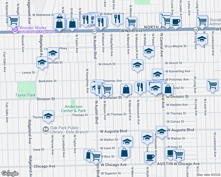 map of restaurants, bars, coffee shops, grocery stores, and more near 1215 North Mason Avenue in Chicago