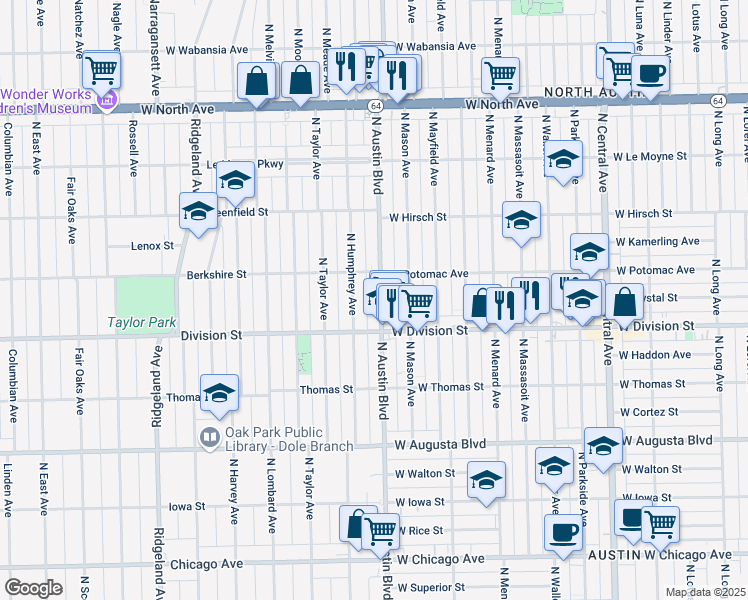 map of restaurants, bars, coffee shops, grocery stores, and more near 1212 North Austin Boulevard in Oak Park