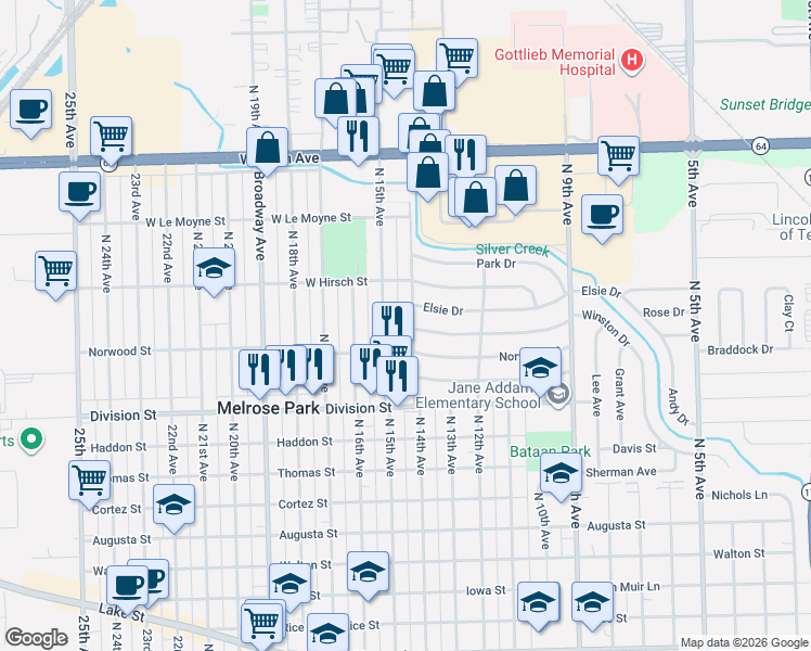map of restaurants, bars, coffee shops, grocery stores, and more near 1607 North 15th Avenue in Melrose Park
