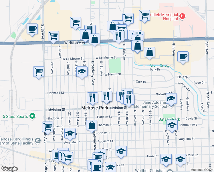 map of restaurants, bars, coffee shops, grocery stores, and more near 1600 North 17th Avenue in Melrose Park