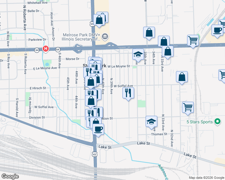 map of restaurants, bars, coffee shops, grocery stores, and more near in Stone Park