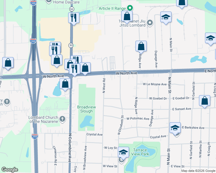 map of restaurants, bars, coffee shops, grocery stores, and more near 649 North West Road in Lombard