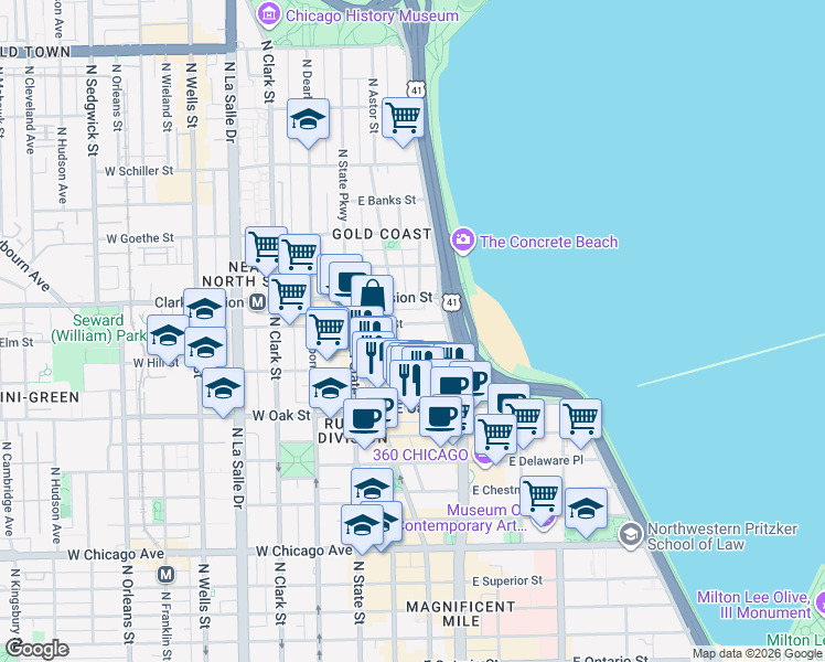 map of restaurants, bars, coffee shops, grocery stores, and more near 70 East Cedar Street in Chicago