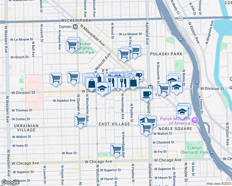 map of restaurants, bars, coffee shops, grocery stores, and more near 1755 West Division Street in Chicago
