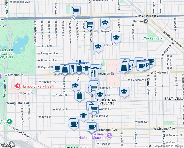 map of restaurants, bars, coffee shops, grocery stores, and more near N Western Ave & W Division St in Chicago
