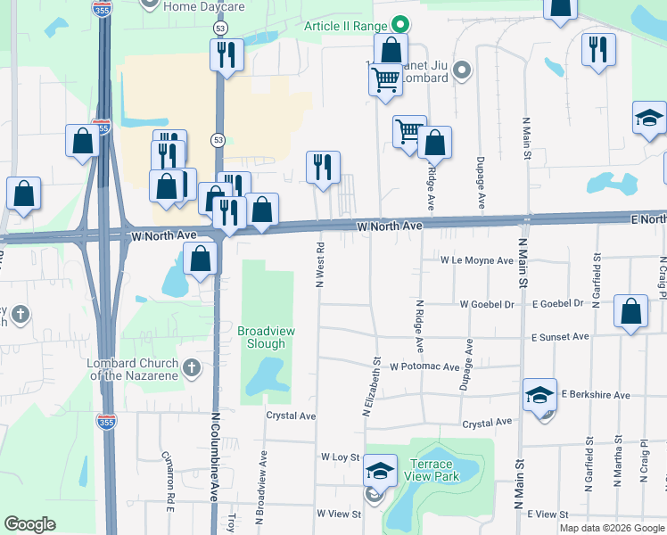 map of restaurants, bars, coffee shops, grocery stores, and more near 649 North West Road in Lombard