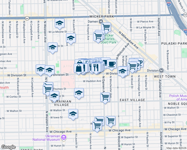 map of restaurants, bars, coffee shops, grocery stores, and more near 2041 West Division Street in Chicago