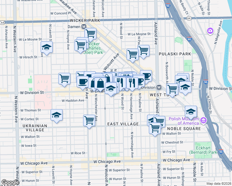 map of restaurants, bars, coffee shops, grocery stores, and more near 1819 West Division Street in Chicago