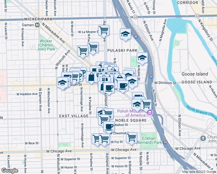 map of restaurants, bars, coffee shops, grocery stores, and more near in Chicago