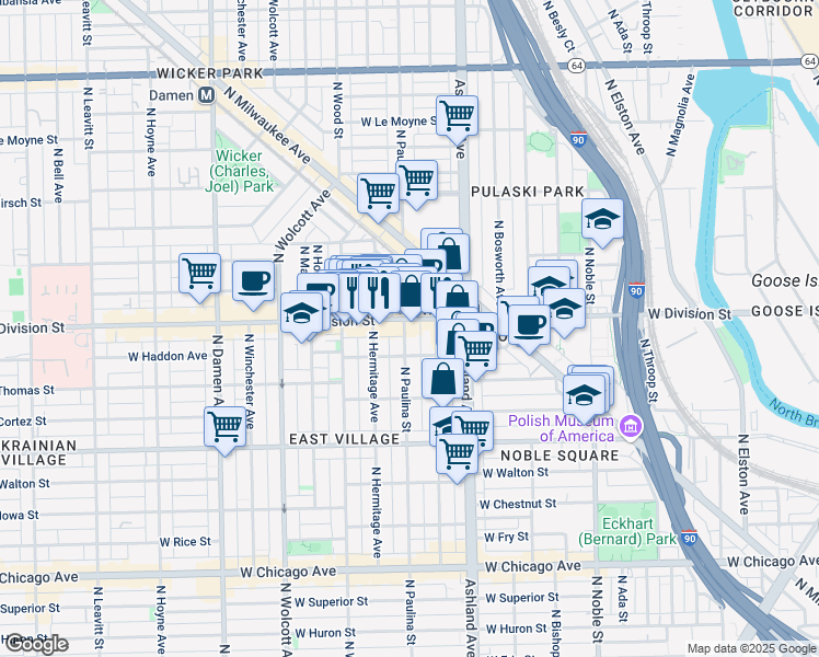 map of restaurants, bars, coffee shops, grocery stores, and more near 1712 West Haddon Avenue in Chicago