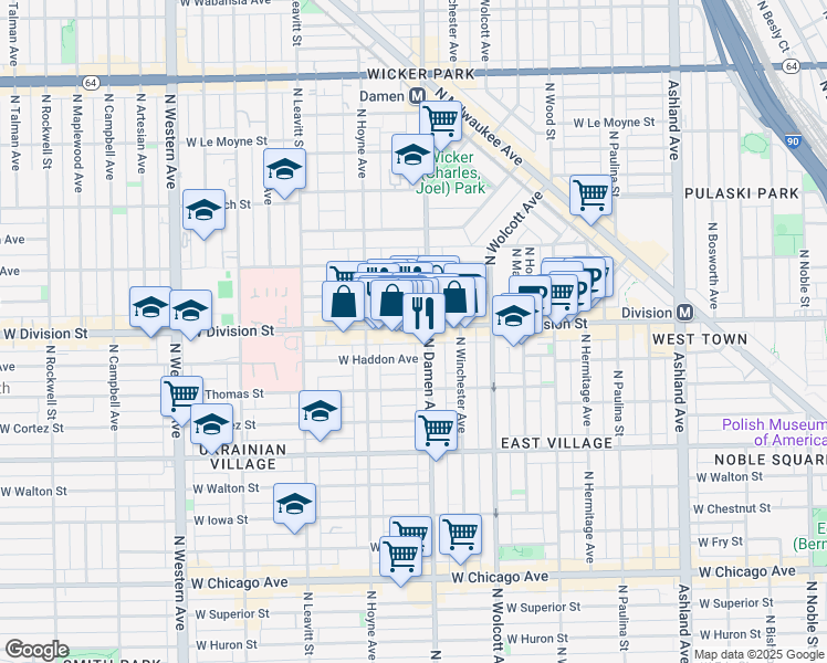 map of restaurants, bars, coffee shops, grocery stores, and more near 2013 West Division Street in Chicago