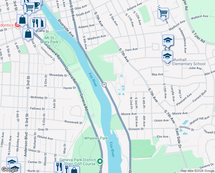 map of restaurants, bars, coffee shops, grocery stores, and more near 1602 Riverside Avenue in St. Charles