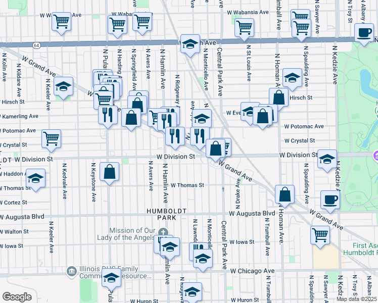 map of restaurants, bars, coffee shops, grocery stores, and more near 3725 West Division Street in Chicago