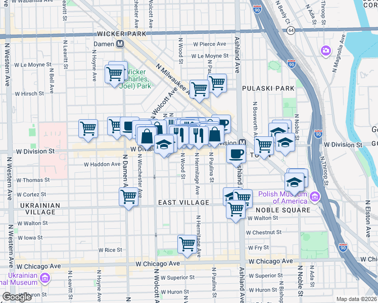 map of restaurants, bars, coffee shops, grocery stores, and more near 1133 North Wood Street in Chicago