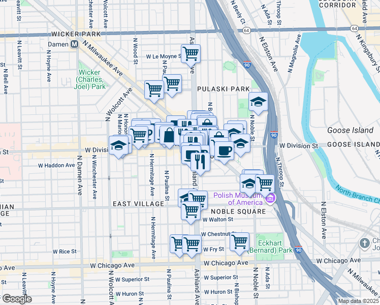 map of restaurants, bars, coffee shops, grocery stores, and more near in Chicago