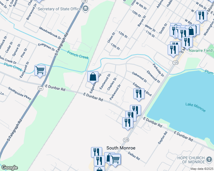 map of restaurants, bars, coffee shops, grocery stores, and more near 15488 Eastwood Street in Monroe