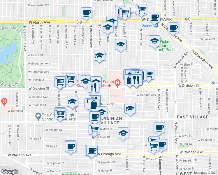 map of restaurants, bars, coffee shops, grocery stores, and more near W Division St & N Oakley Blvd in Chicago