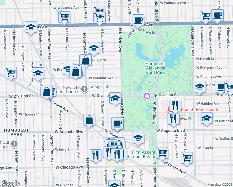 map of restaurants, bars, coffee shops, grocery stores, and more near 3299 West Division Street in Chicago