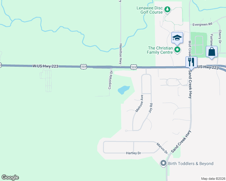 map of restaurants, bars, coffee shops, grocery stores, and more near 1252 Melrose Avenue in Adrian