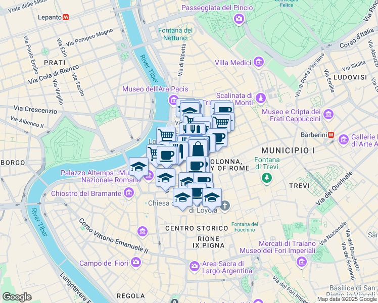 map of restaurants, bars, coffee shops, grocery stores, and more near 1 Vicolo Valdina in Roma