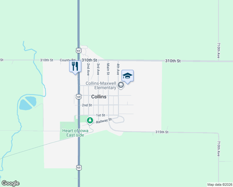 map of restaurants, bars, coffee shops, grocery stores, and more near 316 3rd Street in Collins