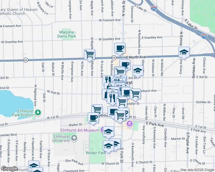 map of restaurants, bars, coffee shops, grocery stores, and more near 168 North Addison Avenue in Elmhurst