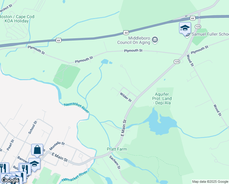 map of restaurants, bars, coffee shops, grocery stores, and more near 48 View Street in Middleborough