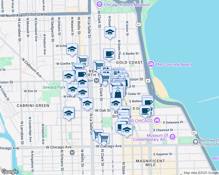 map of restaurants, bars, coffee shops, grocery stores, and more near 1130 North Dearborn Street in Chicago
